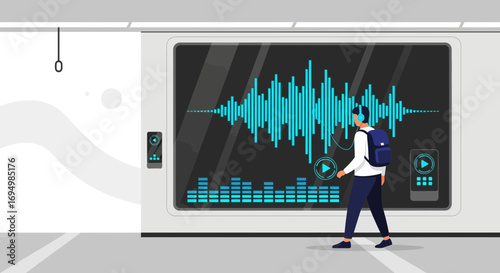 Man with headphones walking past a large audio spectrum analyzer display screen, modern design