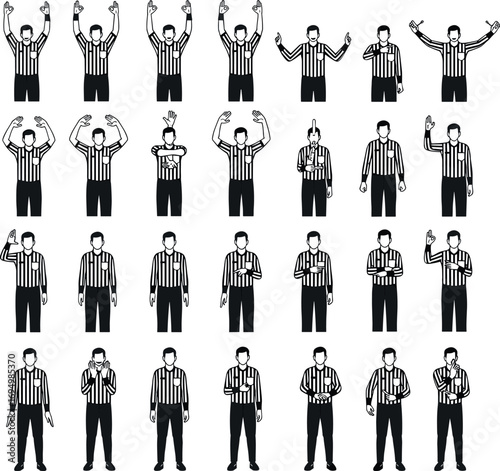 American Football Referee Hand Signals Vector Set – Official Gestures for Penalties, Calls, Game Rules, Sports Education and Coaching Guide