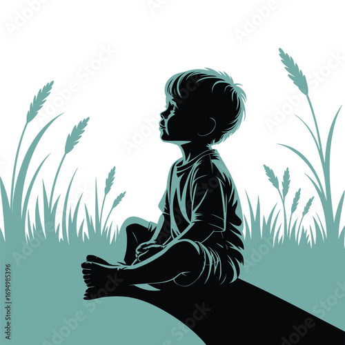 A child sits in a field lost in thought on a sunny day