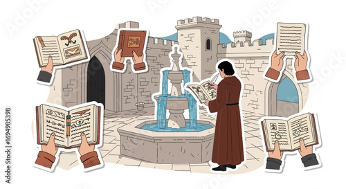 Medieval Scribe at Fountain Surrounded by Floating Books in Castle Courtyard Scene