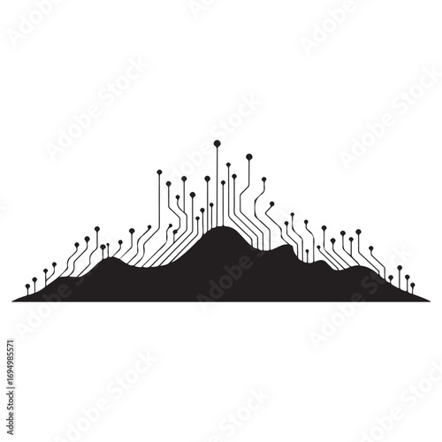 Abstract digital mountain landscape silhouette with glowing circuit board lines and nodes representing technology and innovation