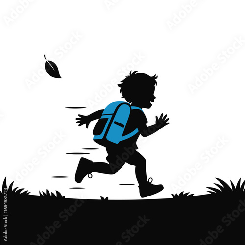 Silhouette of a Boy with a Backpack Running Outdoors