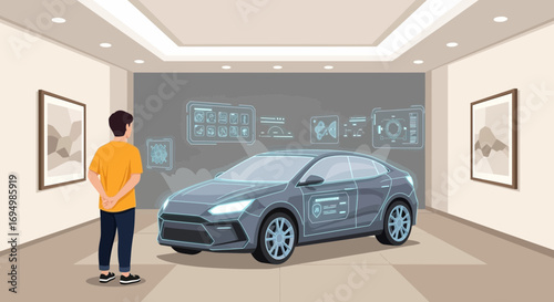 Modern Automotive Technology Exhibition Displaying Smart Car Features and Connectivity with Tech