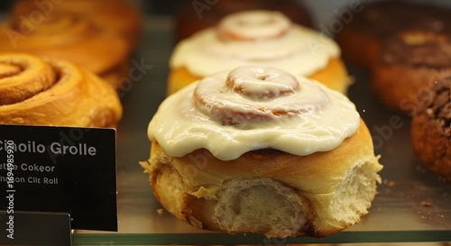 Close up of cinnamon rolls with white frosting and a sign that says cinoilo grolle in a display case