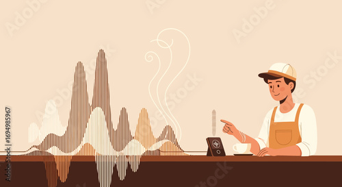 Modern Barista Operating Augmented Reality Coffee Machine with Audio Wave Design Art