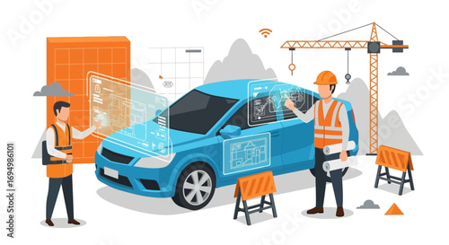 Modern construction workers using technology and blue car with building plans illustration