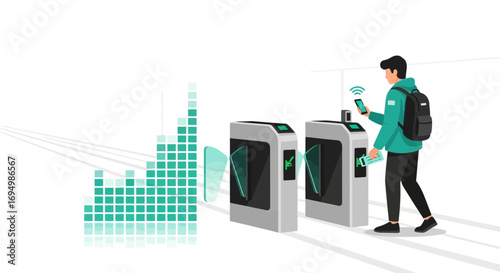 Modern urban transit with automated fare collection and seamless mobile payment system illustration