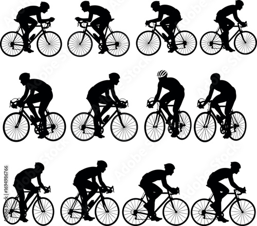 Cyclist Silhouettes in Various Road Bike Riding Postures – Vector Set for Sports, Fitness, Motion Study, and Ergonomic Design