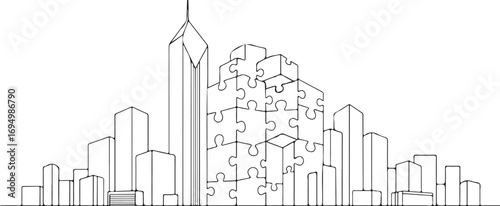 City skyline made of buildings and puzzle pieces representing urban development and problem solving