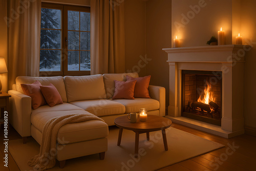 Winter interior. The cozy atmosphere of the room, candles/fireplace, festive decorations, stylish interior in rustic style