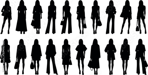 Fashionable women silhouette set in various stylish poses, modern outfits, accessories, high heels, elegance, minimal black vector design