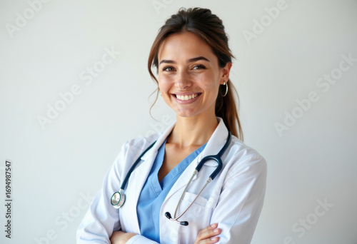 Happy female doctor with stethoscope on white background