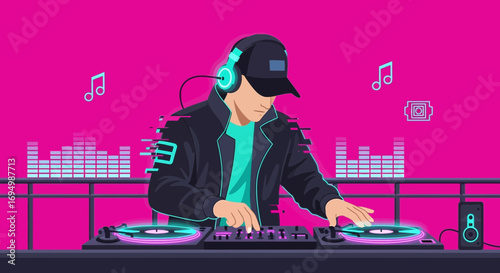 Neon DJ Mastering Music on Turntables with Vibrant Visuals for Nightlife Vibes