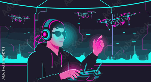 Neon drone operator controlling fleet with futuristic controller and cityscape backdrop