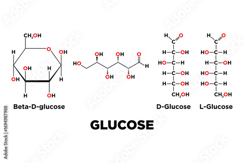 Beta-d-glucose molecular chemical formula, d and l glucose C6H12O6 structure vector illustration.