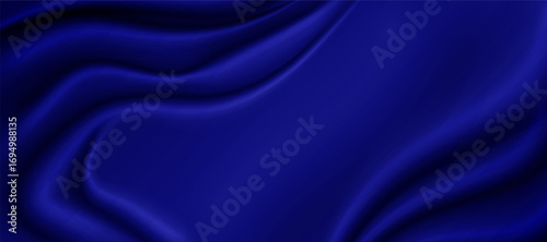  Luxury navy silk drapery background. Realistic satin fabric folds. Smooth velvet curtain texture. Elegant abstract cloth design for horizontal banner