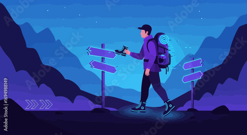 Night Hiking Adventure: A lone hiker navigating the mountain trails with backpack and boots