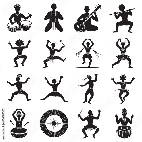 Collection of stylized silhouette figures engaged in traditional african music and dance performances