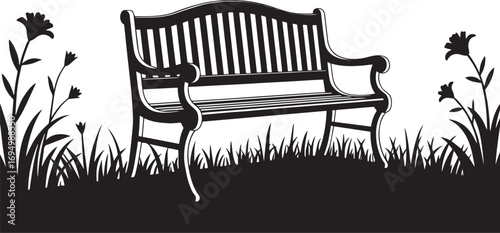 Silhouette of a vintage park bench with surrounding grass and flowers in black and white.