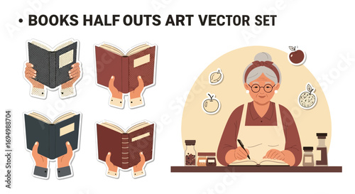 Open books in hands and an elderly woman writing in a book vector illustration set