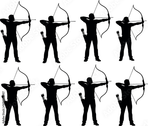 Silhouette archers aiming bows in synchronized stance, black vector illustration of archery pose, sports training, precision, and repetition concept