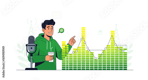 Podcast host explaining charts and graphs, broadcasting with audio equipment and coffee cup