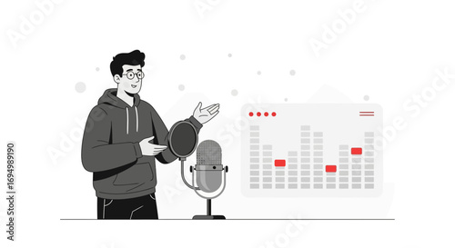 Podcast host presenting audio waveform for online content and broadcasting to audience