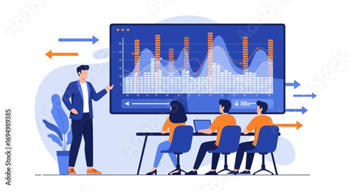 Presentation of Business Data Analytics to Team Members with Charts and Graphs Displayed on Screen