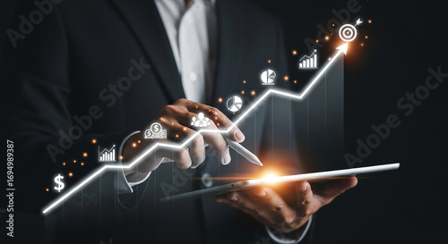 Business Success Chart Achieving Goals Growth with Digital Marketing Strategy and Financial Planning Using Technology on