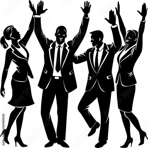 Group of business people celebrating with raised hands in silhouette celebration success