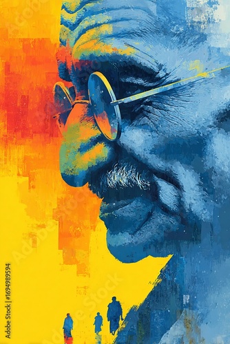Abstract poster highlighting Gandhi as pioneer of nonviolent resistance and Indian liberation movement