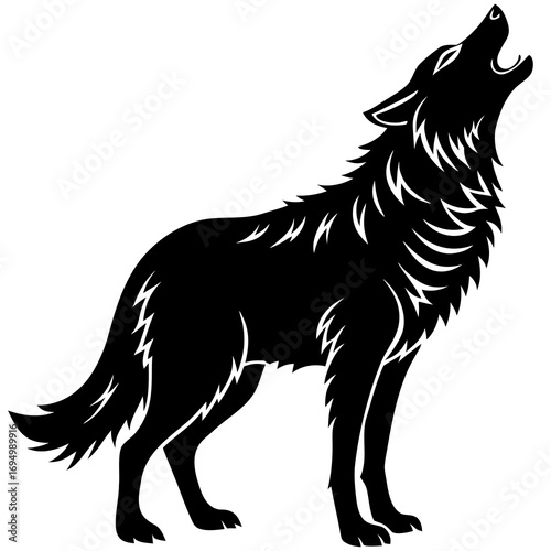 Stylized black silhouette of a wolf howling on a white background black and white animal
