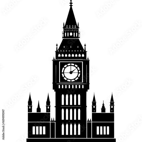 Black Silhouette of Big Ben Clock Tower on White Background Keywords: big ben, london, clock tower, parliament, building, architecture, landmark, historical, iconic, silhouette, black and white