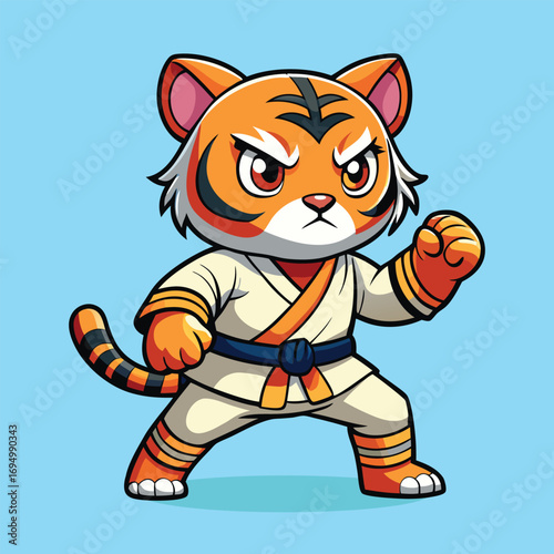 Cartoon Tiger Kid Practicing Karate in Uniform