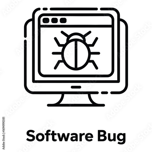 Computer screen displaying a bug icon indicating software issues and system vulnerability alert warning silhouette