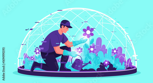 Protected Gardening: A gardener tending to protected plants in a controlled environment