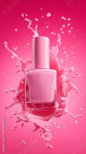 pink nail polish bottle on bright pink background with splash, mock up, mockup