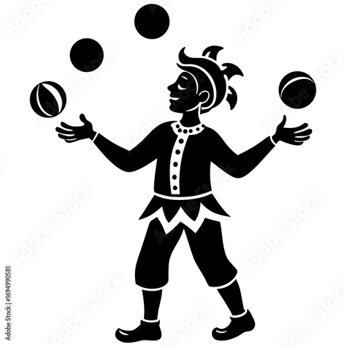 Silhouette of a juggler performing with multiple balls on a white background circus performer