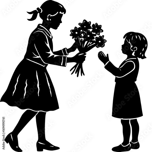 Silhouette of a girl giving flowers to another girl on white background Keywords: girls, giving, flowers, bouquet, gift, surprise, childhood, silhouette, black and white, isolated, friendship