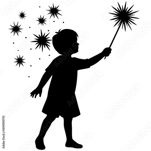 Silhouette of a child holding a wand creating sparkling stars and dots girl