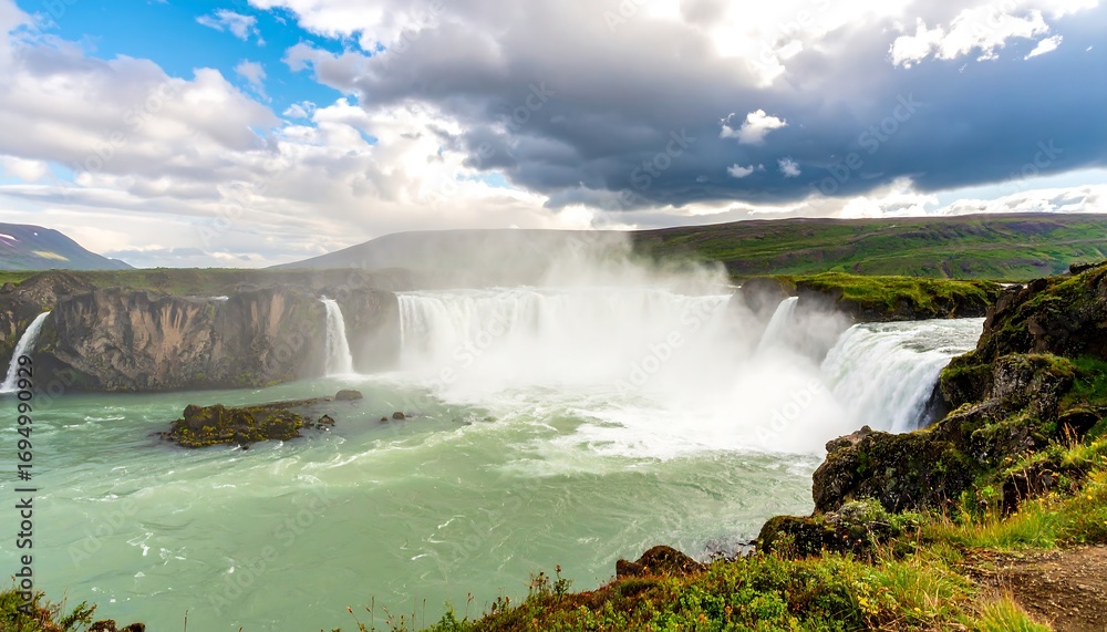Fototapeta premium Majestic waterfalls cascade into a tranquil river