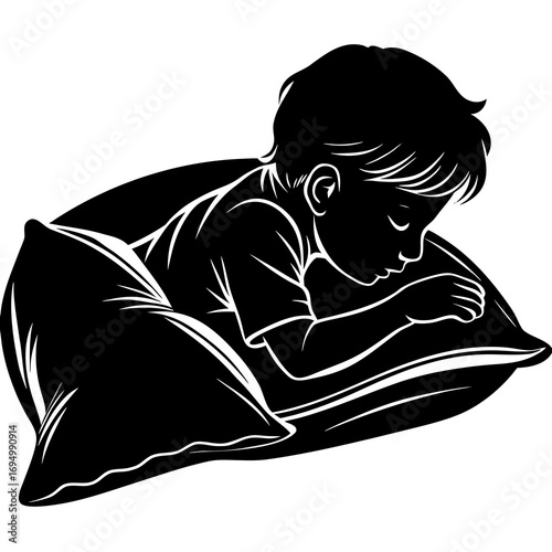 Black and white silhouette of a young boy sleeping soundly tucked under a pillow vector illustration