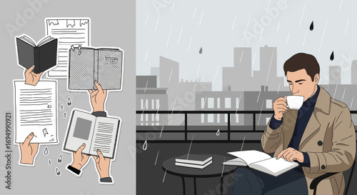 Reading in solitude a rainy day escape with books and coffee enjoying the comfort of knowledge