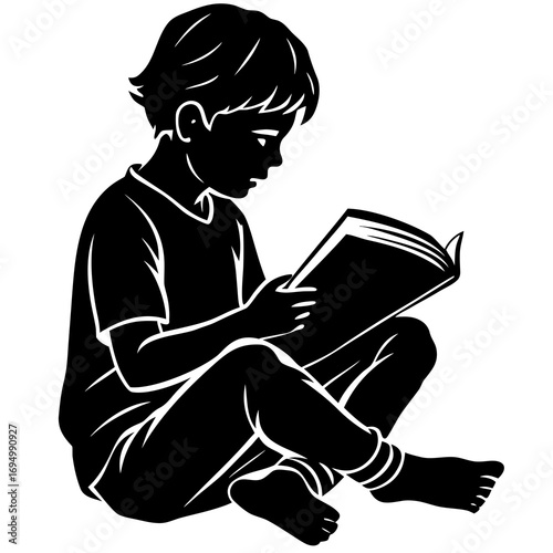 Silhouette of a young boy sitting cross-legged reading a book on a white background child