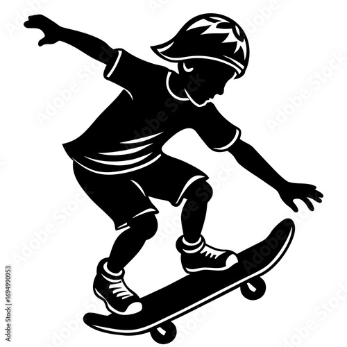 Silhouette of a boy wearing a helmet skateboarding with arms outstretched on a white background child
