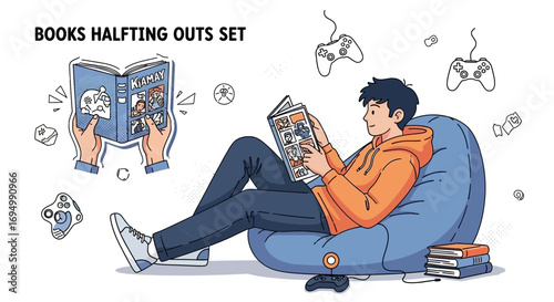Relaxed young man reading comics on a beanbag chair amidst gaming elements creates a vibrant scene