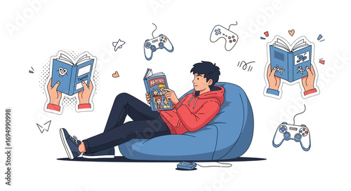 Relaxing at home with reading and games a depiction of leisure time for young adults
