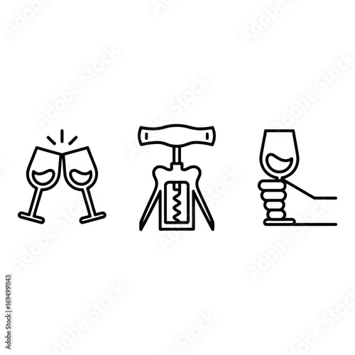 Wine celebration with corkscrew and glass in hand line art vector illustration design art 96 silhouette