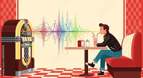 Retro diner scene with a jukebox, sound waves and a young man enjoying a milkshake