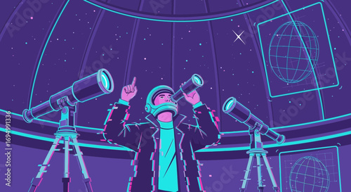Retro futuristic illustration of an astronaut observing the stars in an observatory